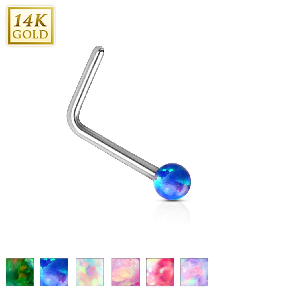 14KT Gold 14Kt. White Gold L Bend Nose Stud Ring with Opal Ball