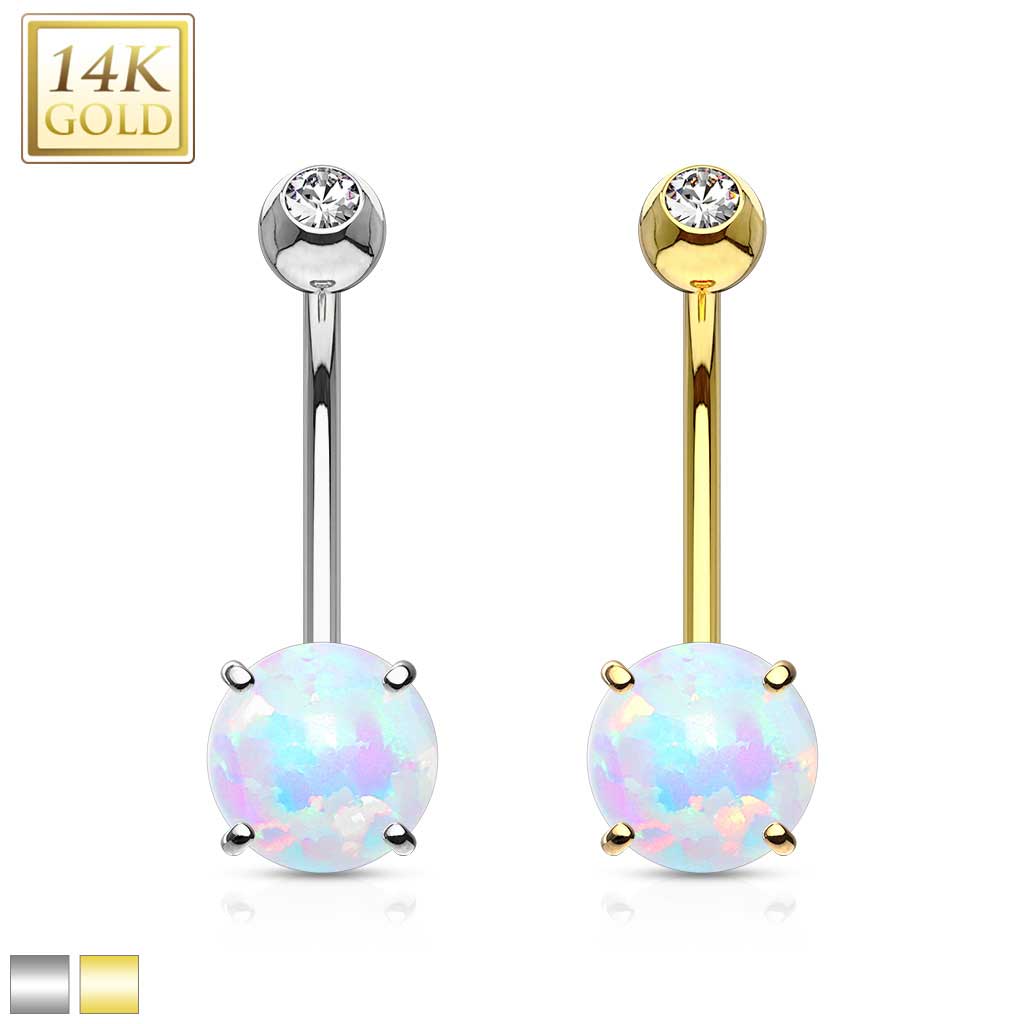 14KT Gold Prong Set 6mm Opal Stone 14K Gold Navel Ring