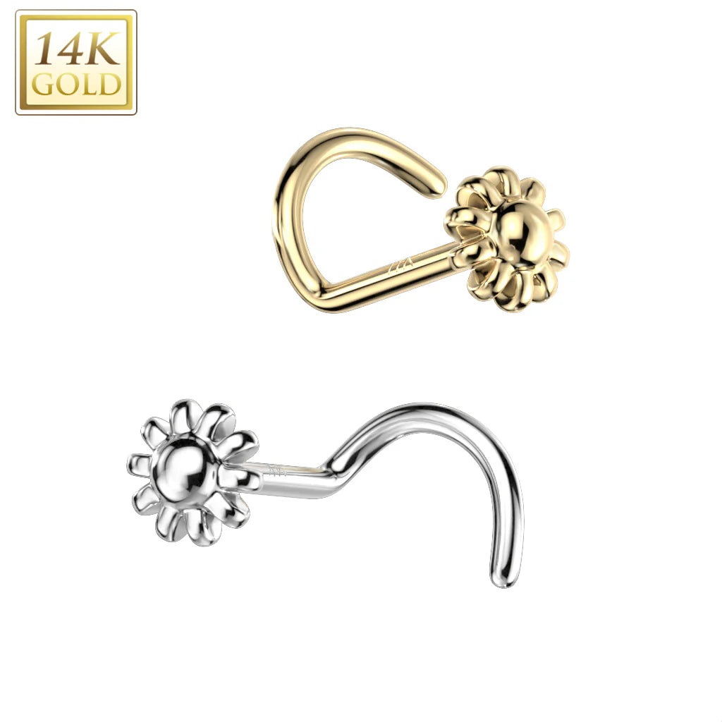 14KT Gold 14K Gold Nose Screw Rings With Bead Flower Top