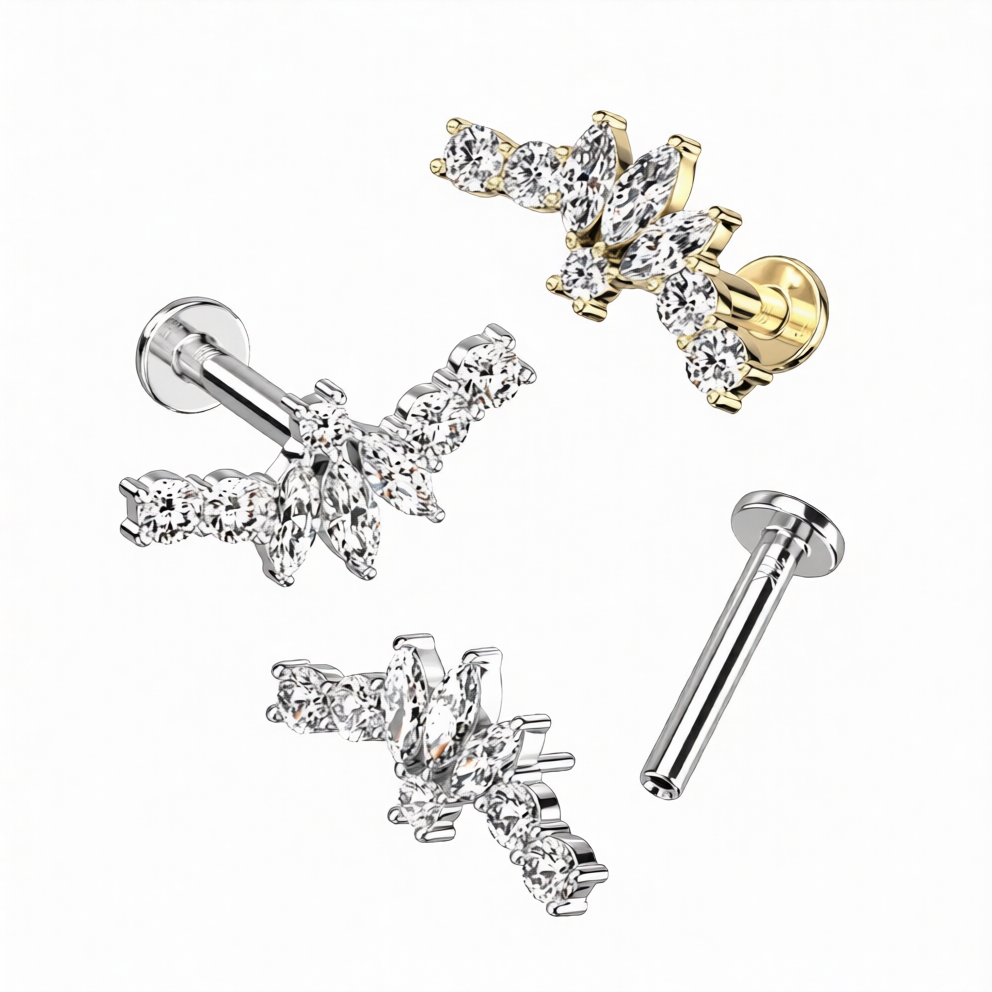 14KT Gold 14K Gold Threadless Labret/Flat Back Stud Fan With 3...
