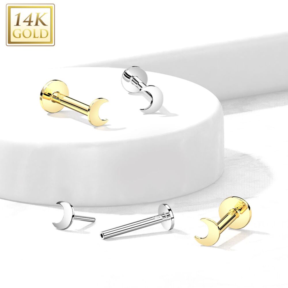 14KT Gold 14K Gold Threadless Push-In Labret With Flat Crescent Moon Top