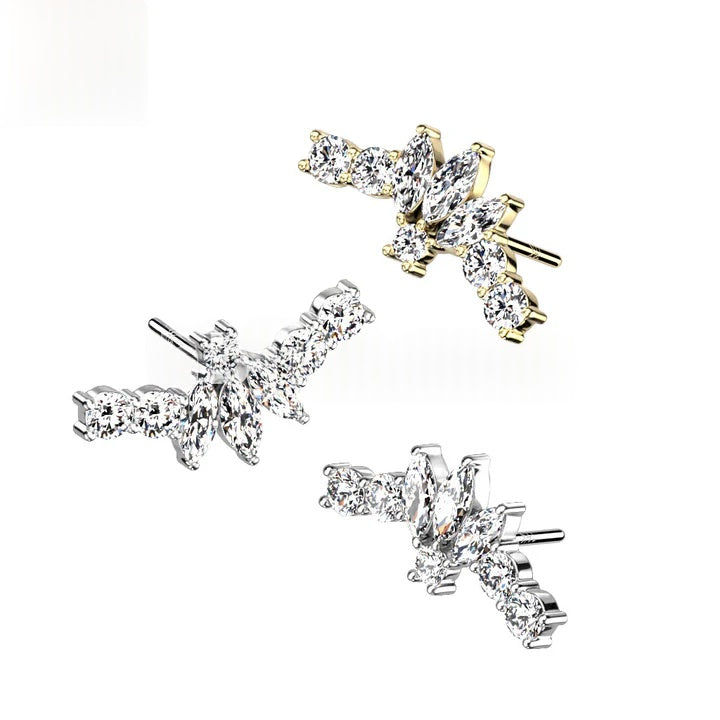 14KT Gold 14K Gold Threadless Push In Fan With 3 Marquise CZ Center Top