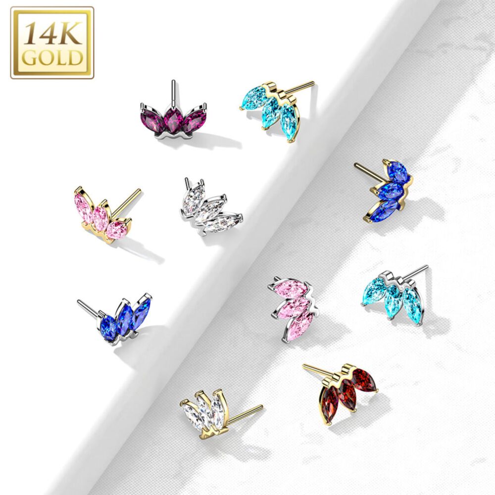 14KT Gold 14K Gold Threadless Push In Triple Marquise CZ Top