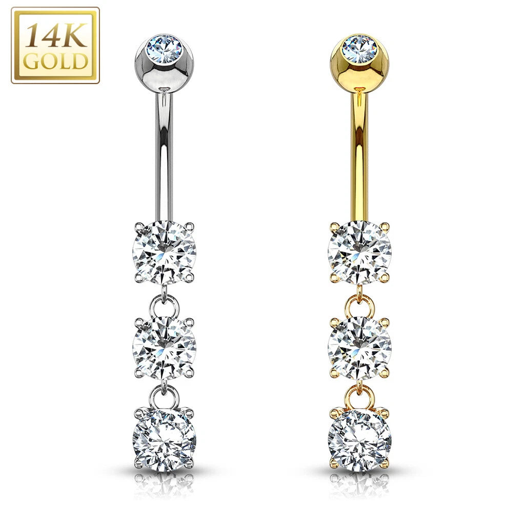 14KT Gold 14K Gold Three Round CZs Dangle Fancy Navel Ring