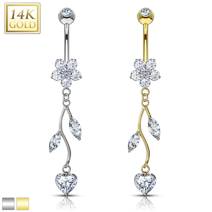 14KT Gold 14K Gold Vine CZ Dangle Flower Navel Belly Button Ring