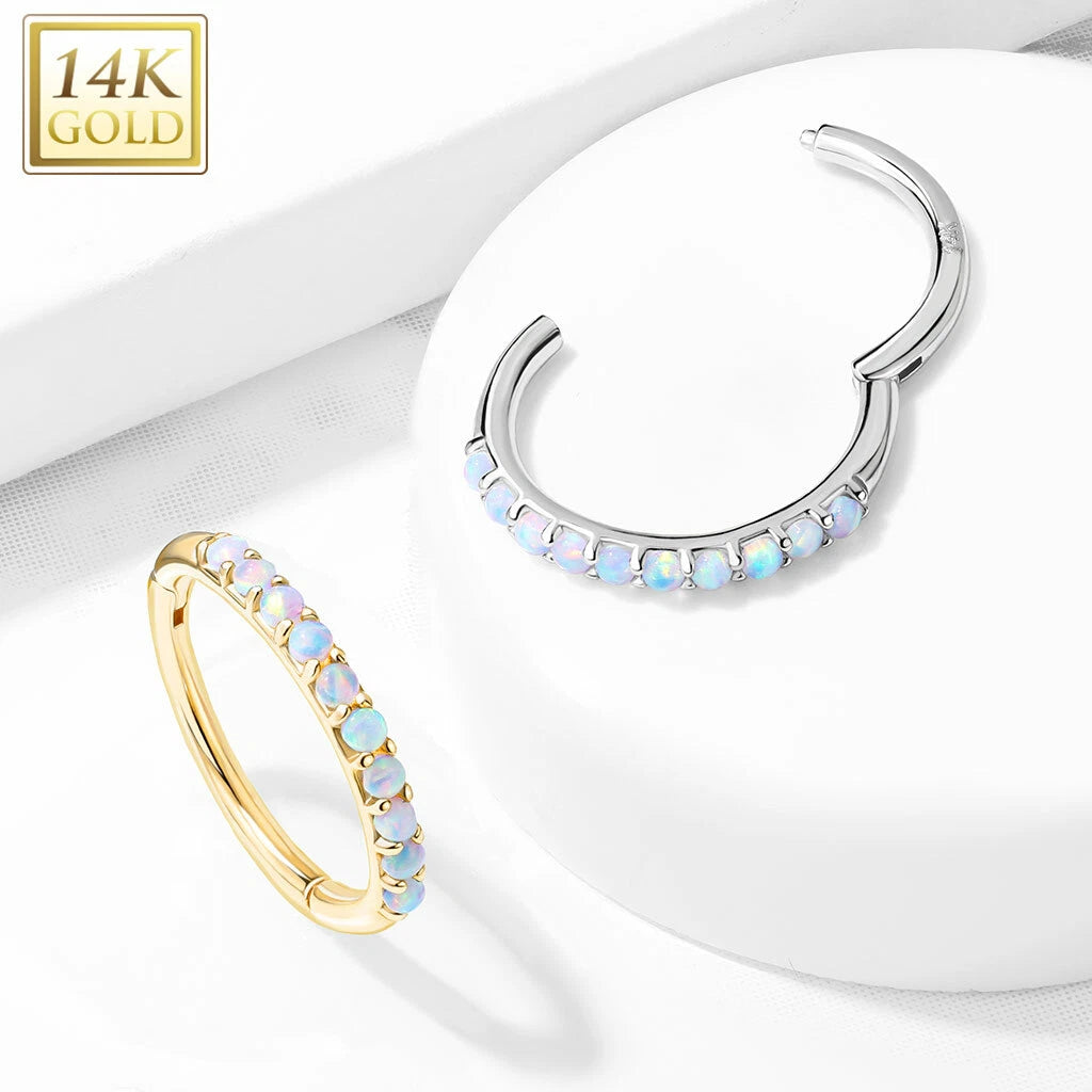 14KT Gold 14K Side Opal Paved Half Circle Hinged Segment Hoop Rings...