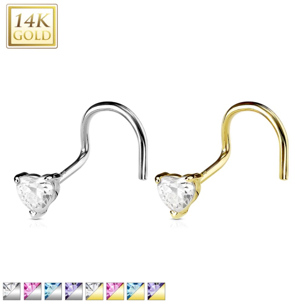 14KT Gold 14K Solid Gold Heart Prong CZ Nose Screw Ring