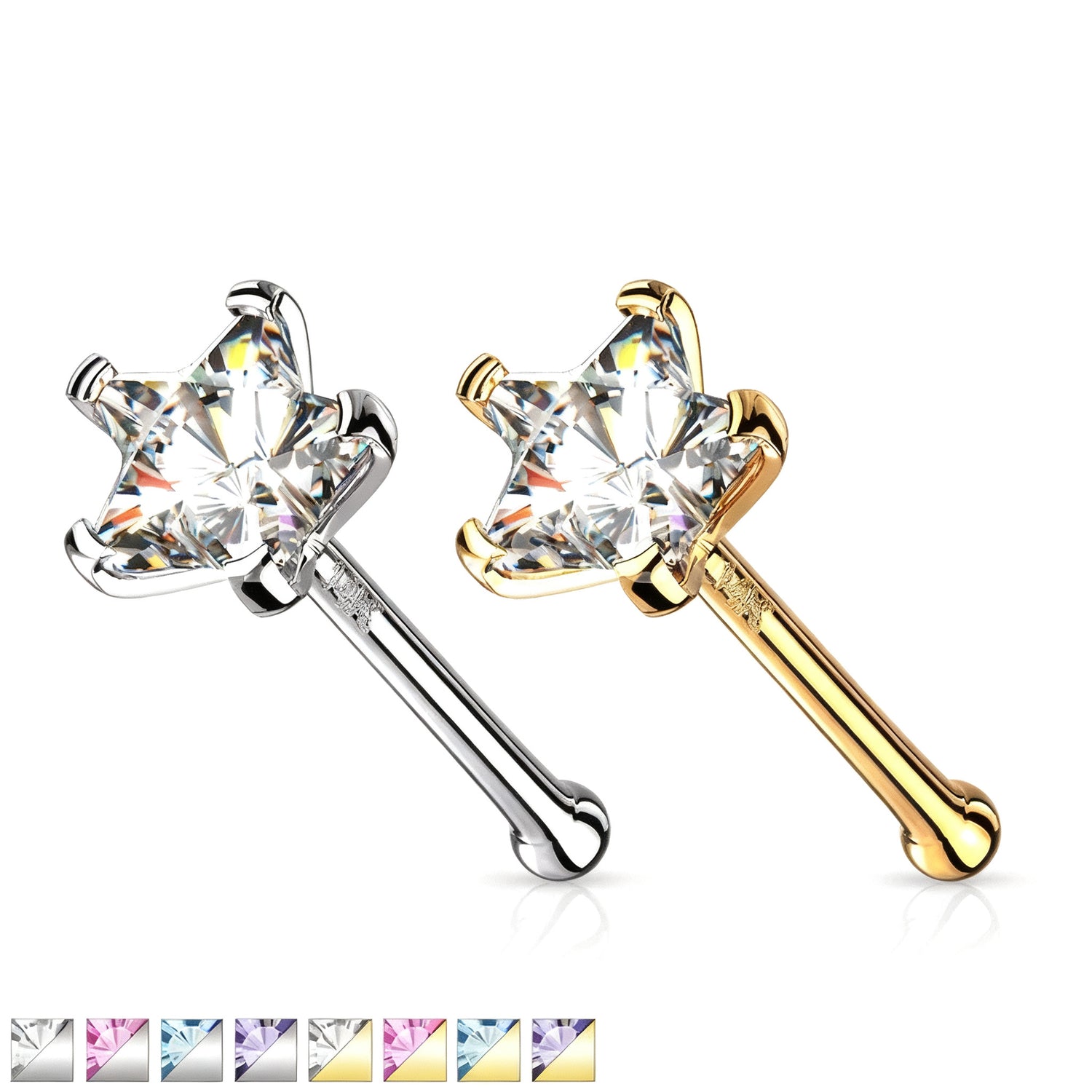14KT Gold 14K Solid Gold Star Prong Set CZ Nose Stud Ring