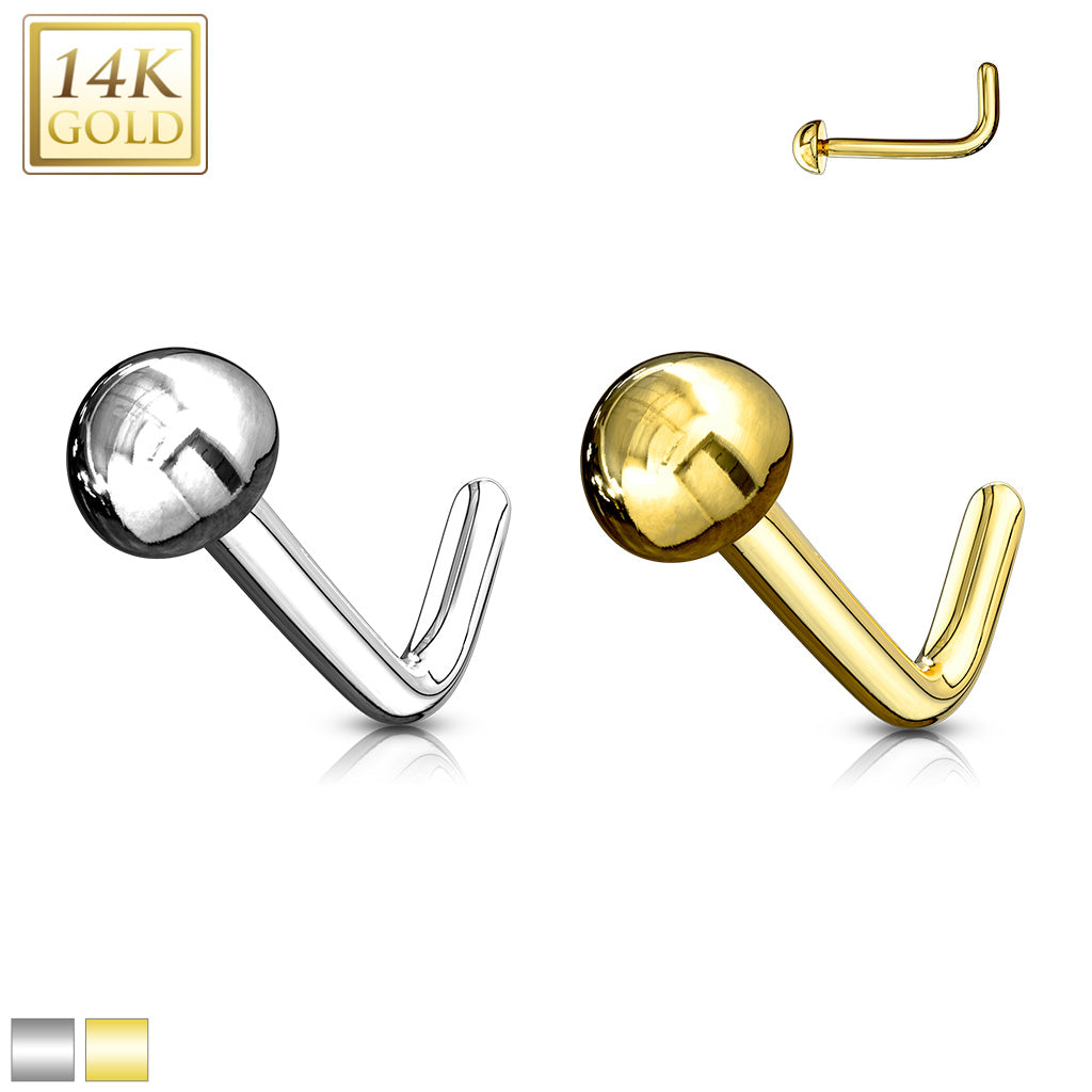 14KT Gold 14Kt. Gold L Bend Nose Ring Solid Dome End