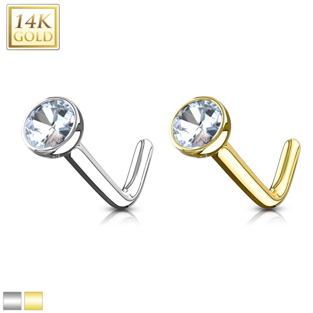14KT Gold 14Kt. Gold L Bend Nose Ring with Bezel Set CZ Ball