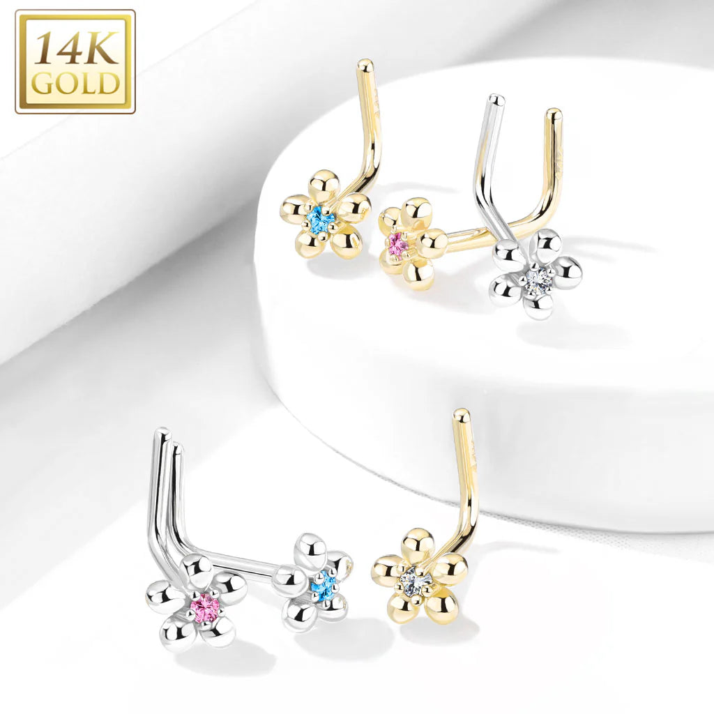 14KT Gold 14Kt. Gold L Bend Nose Ring with CZ Centered Five Petal Flower