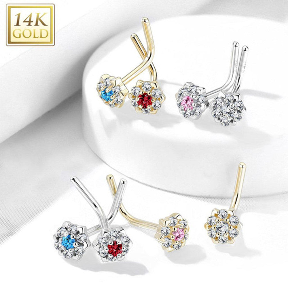 14KT Gold 14Kt. Gold L Bend Nose Ring with Prong Set CZ Centered Gem...