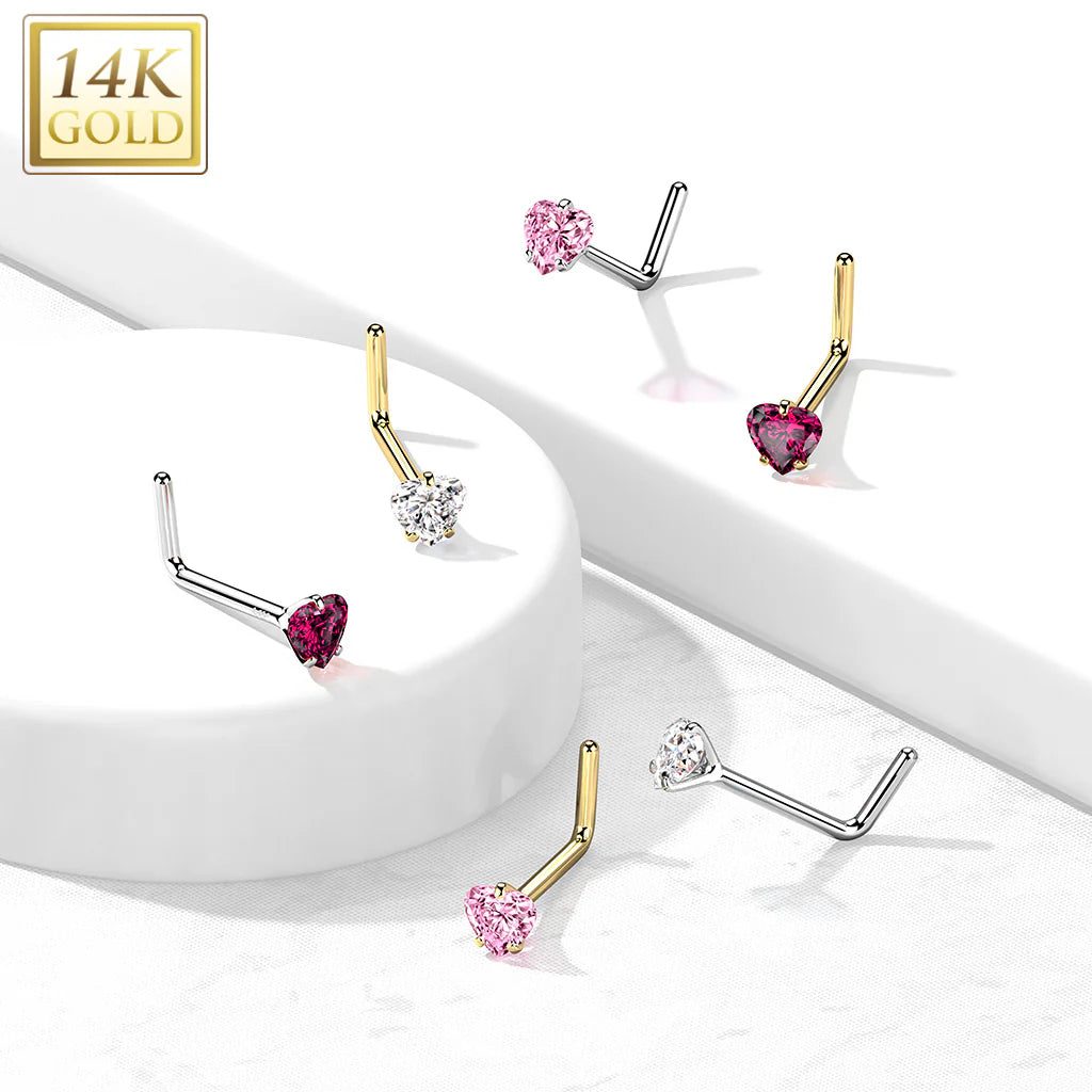 14KT Gold 14Kt. Gold L Bend Nose Ring with Prong Set Heart CZ