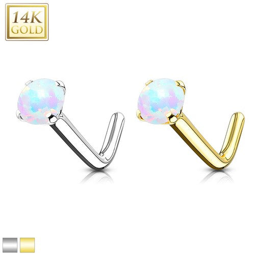 14KT Gold 14Kt. Gold L Bend Nose Ring with Prong Set Opal
