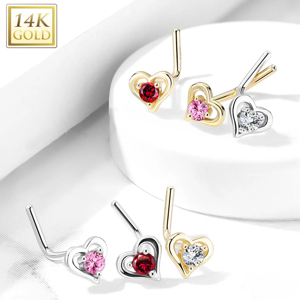 14KT Gold 14Kt. Gold L Bend Nose Ring with Prong Set Round CZ Center...