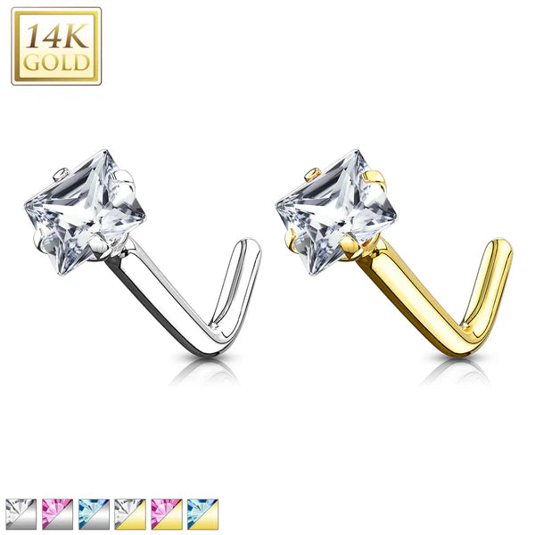 14KT Gold 14Kt. Gold L Bend Nose Ring with Prong Set Square CZ