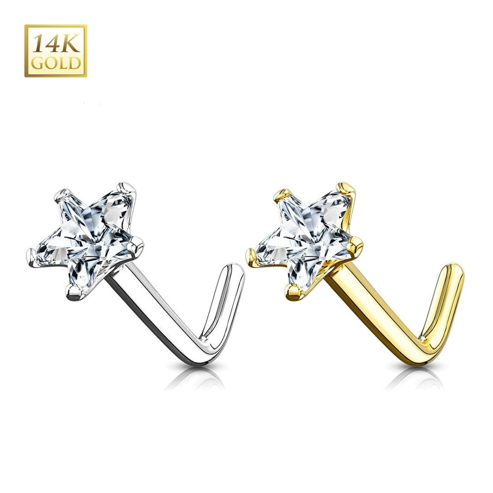 14KT Gold 14Kt. Gold L Bend Nose Ring with Prong Set Star CZ
