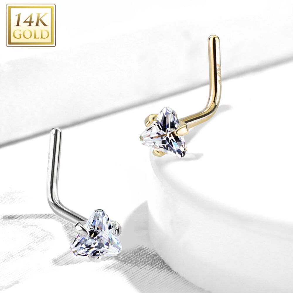 14KT Gold 14Kt. Gold L Bend Nose Ring with Prong Set Triangle CZ