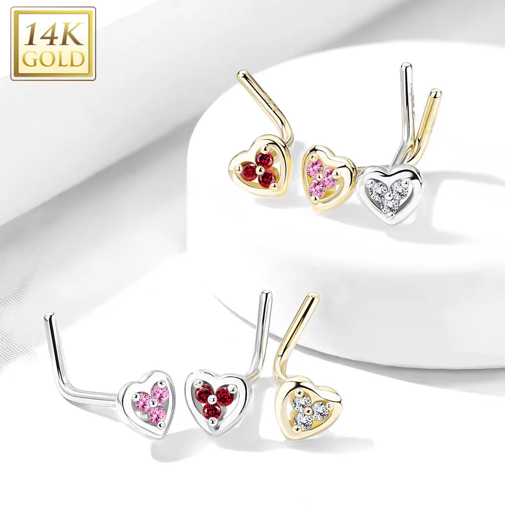 14KT Gold 14Kt. Gold L Bend Nose Ring with Tri Stacked Round CZ Center...