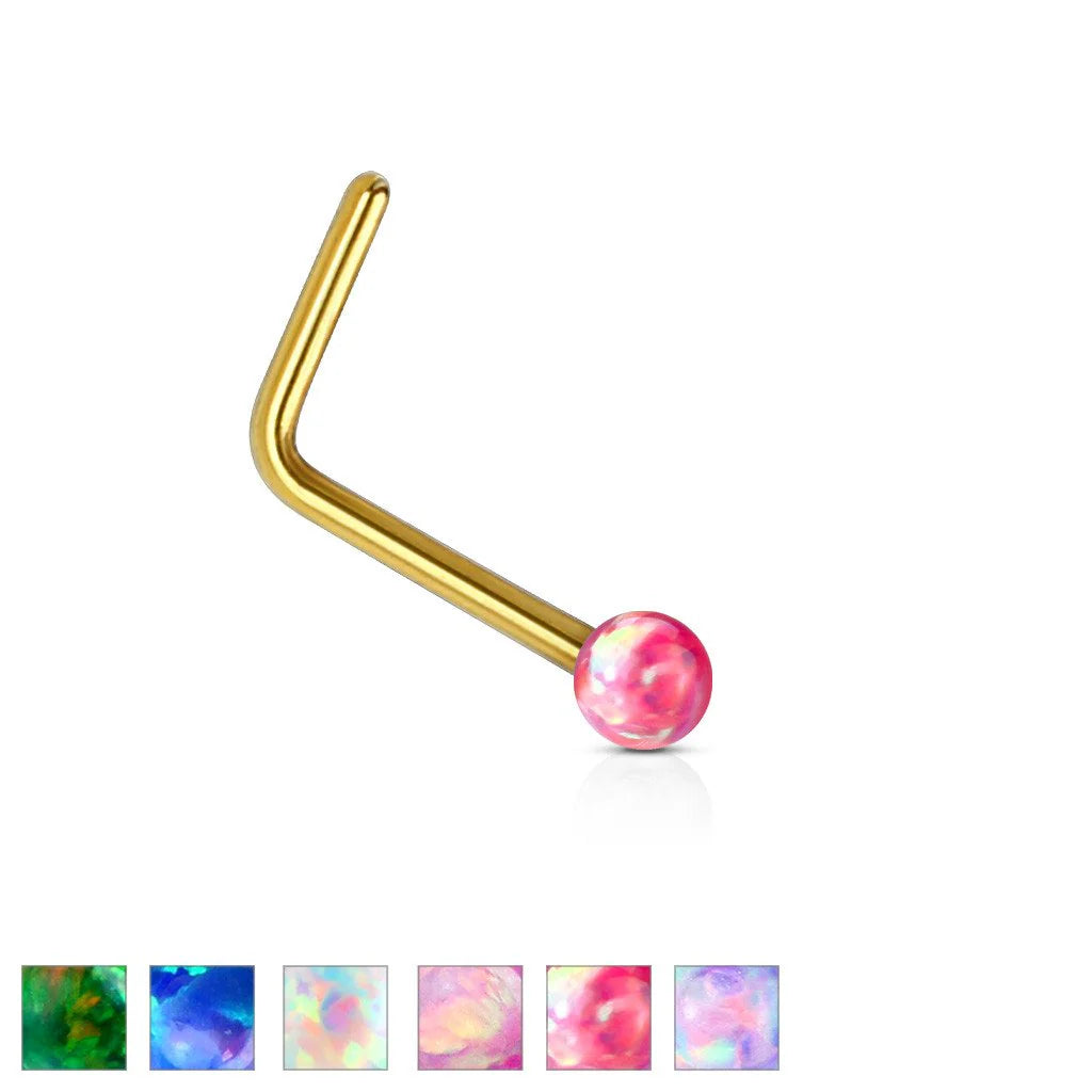 14KT Gold 14Kt. Gold L Bend Nose Stud Ring with Opal Ball