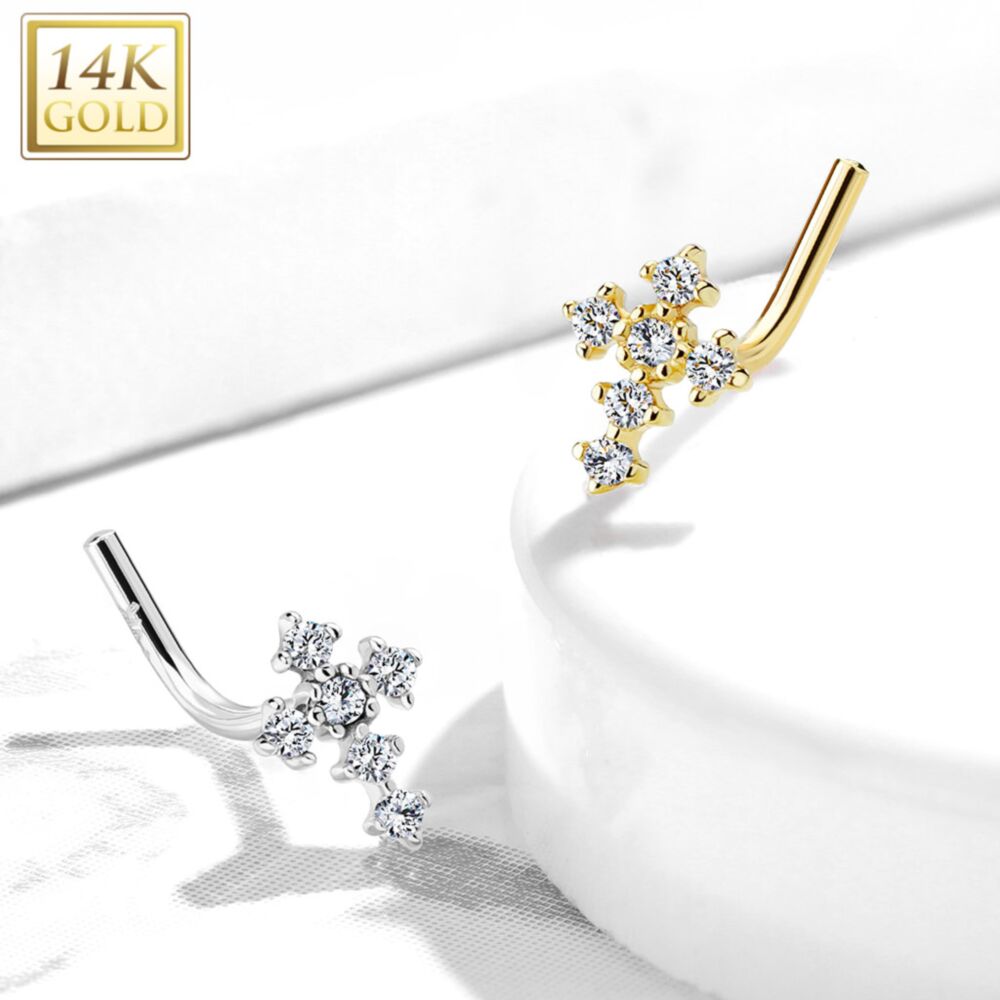 14KT Gold 14Kt. Gold L Bend Nose Stud Rings with CZ Paved Cross Top