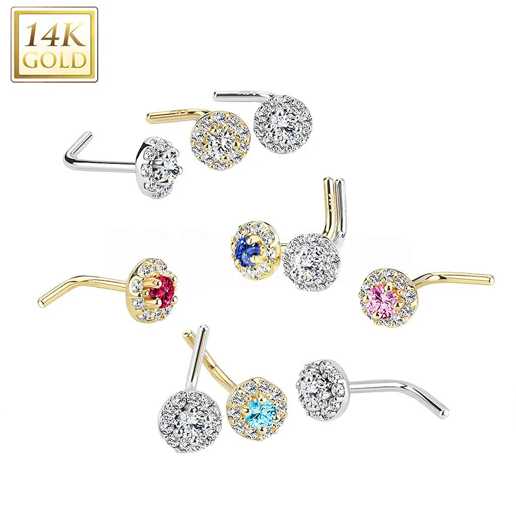 14KT Gold 14 Kt. Gold L Bend Nose Stud Rings with Double Tier CZ Paved...