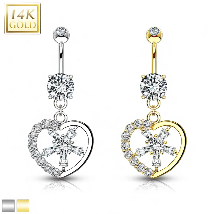 14KT Gold Gemmed Heart with CZ Spoke Center 14KT Gold Dangle Navel Ring