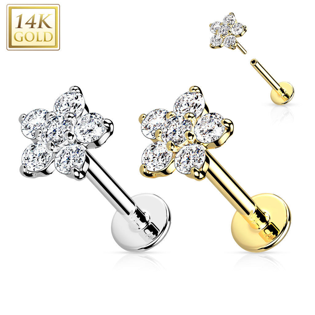 14K Gold Threadless CZ Flower Top Labret, Flat back Stud.