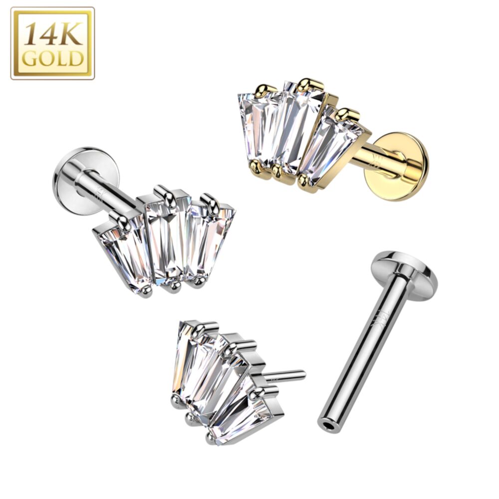 14K Gold Threadless Labret/Flat Back Stud With 3 Baguette CZ Fan Top
