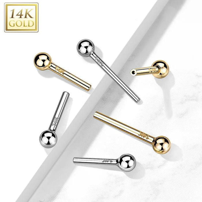 14K Gold Threadless Push In Barbell Pins With One Fixed Ball