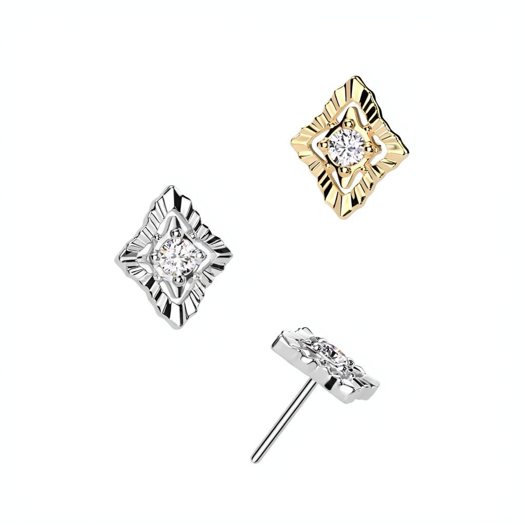 14K Gold Threadless Push In Diamond With CZ Center And Crimped Edge Top