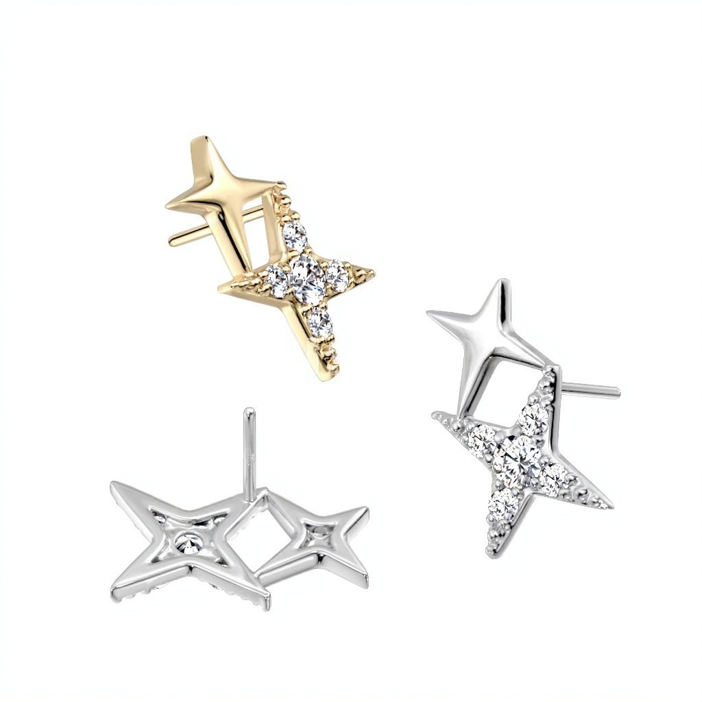 14K Gold Threadless Push In Double Star Cross With CZ Top