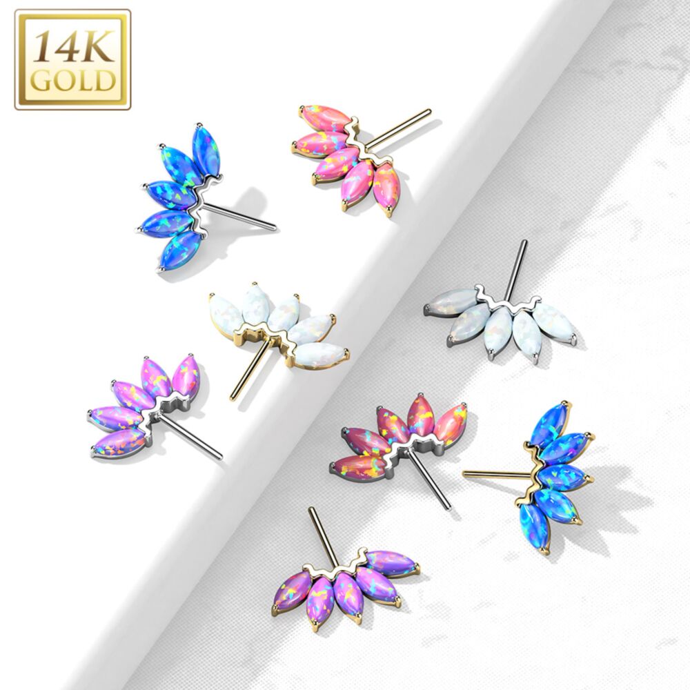 14K Gold Threadless Push In Front Facing 5 Marquise Opal Fan Set Curved Tops