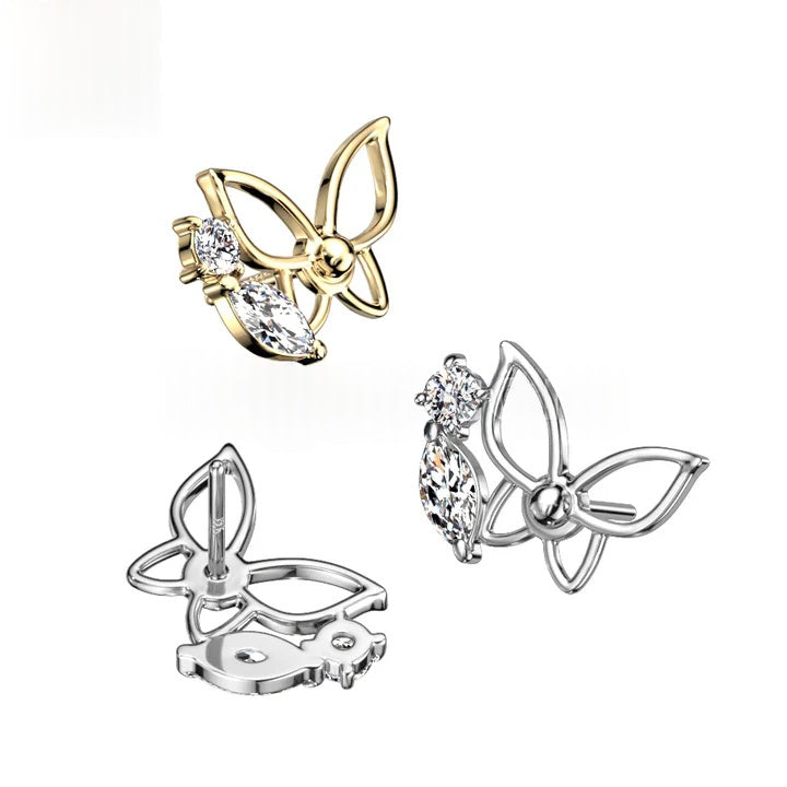 14K Gold Threadless Push In Hollow Butterfly With CZ