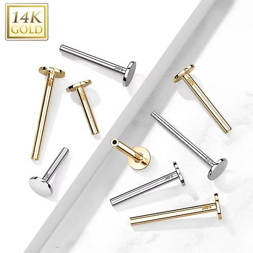 14K Gold Threadless Push In Labret, Flat Back Stud Pins