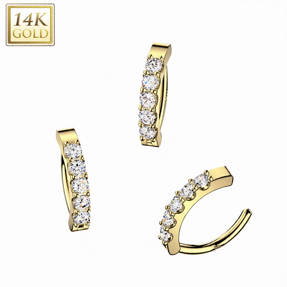 14Kt Gold 14K Gold Hinged Hoop Belly Button Ring With 5 Prong Set CZs