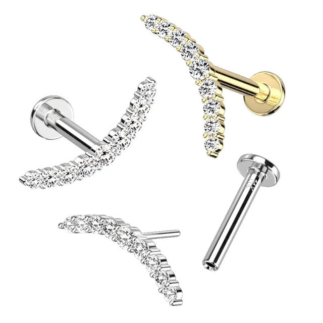 14K Gold Threadless Labret/Flat Back Stud With CZ Paved Curved Line Top