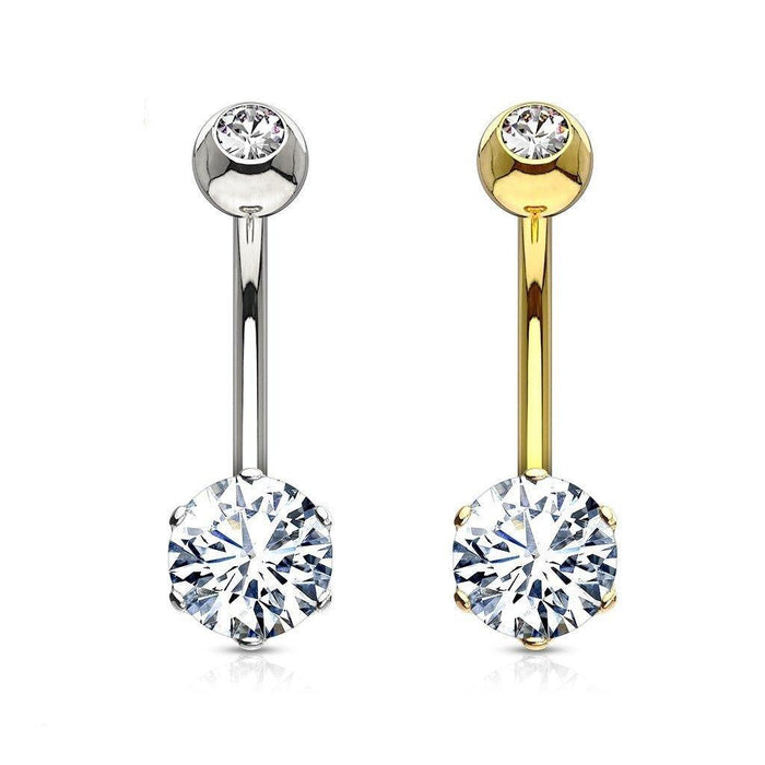 14KT Gold 14K Gold Round 6mm Prong Set CZ Navel Belly Button Ring
