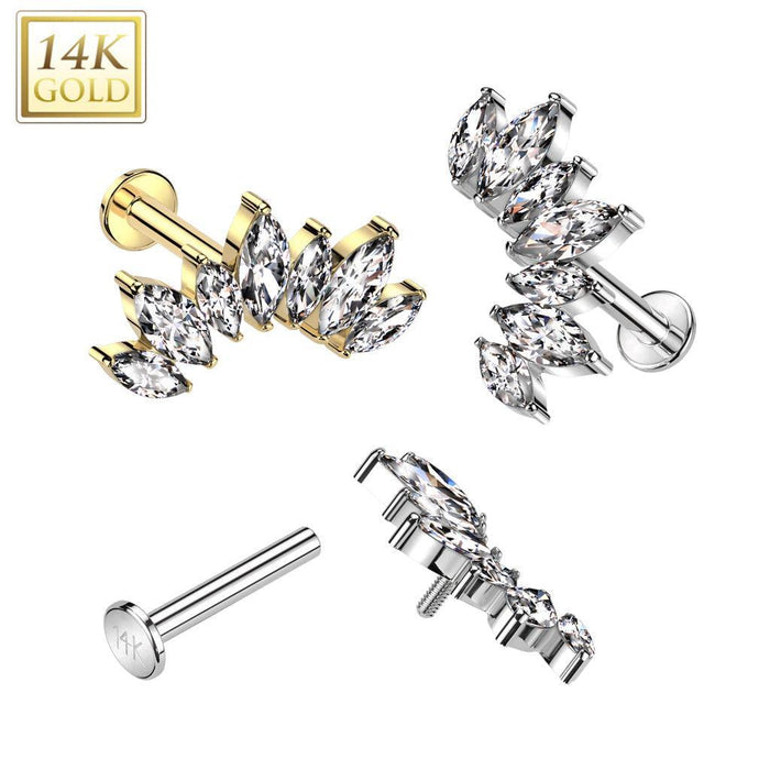 14KT Gold 14K Gold Internally Threaded Labret With 7 Marquise CZ Fan Top