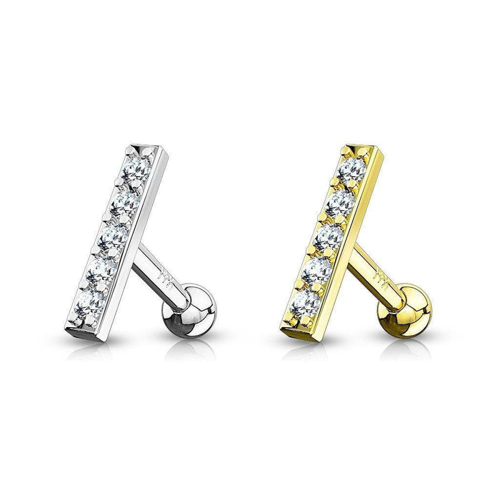 14KT Gold CZ Lined Set 10mm Long Bar Top 14K Gold Cartilage/Tragus Barbell