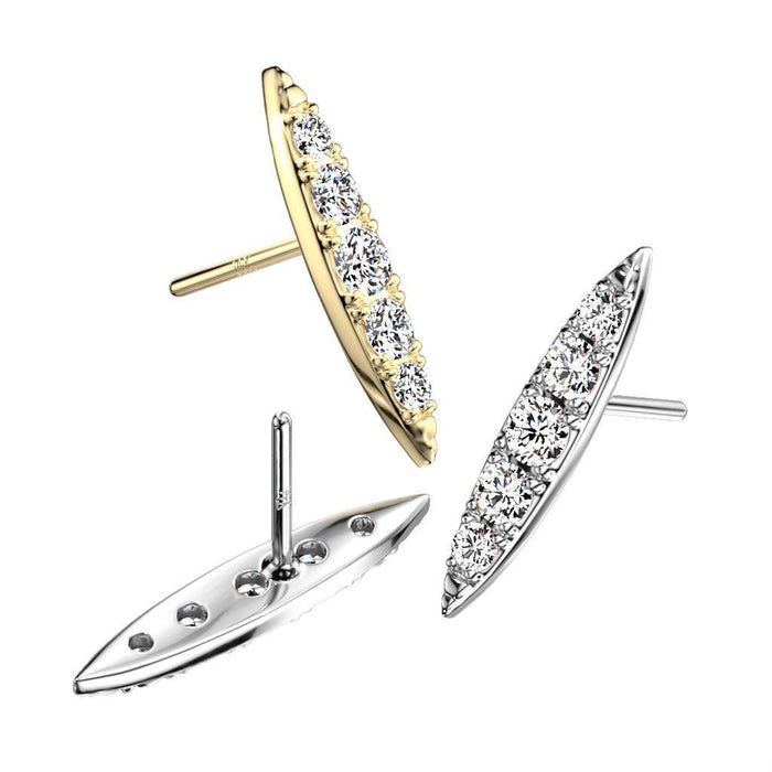 14K Gold Threadless Push In Long Pointed Oval With CZ Pave Top