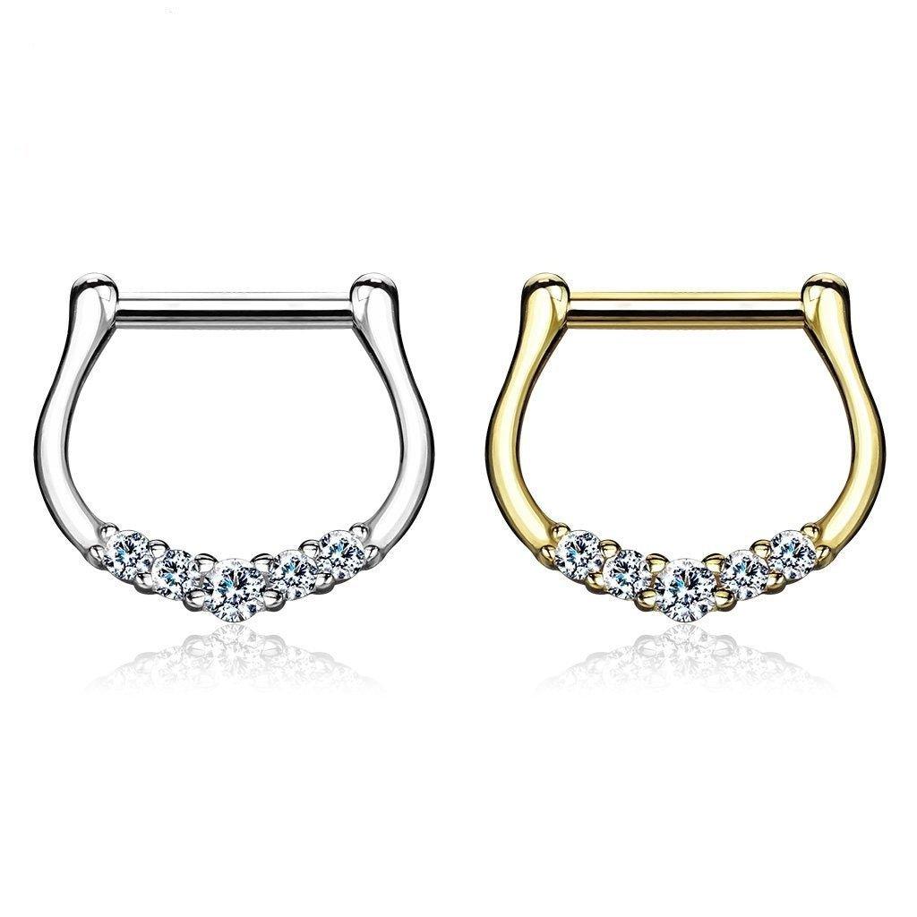 14KT Gold Five CZ Paved 14Kt Gold Septum Clicker