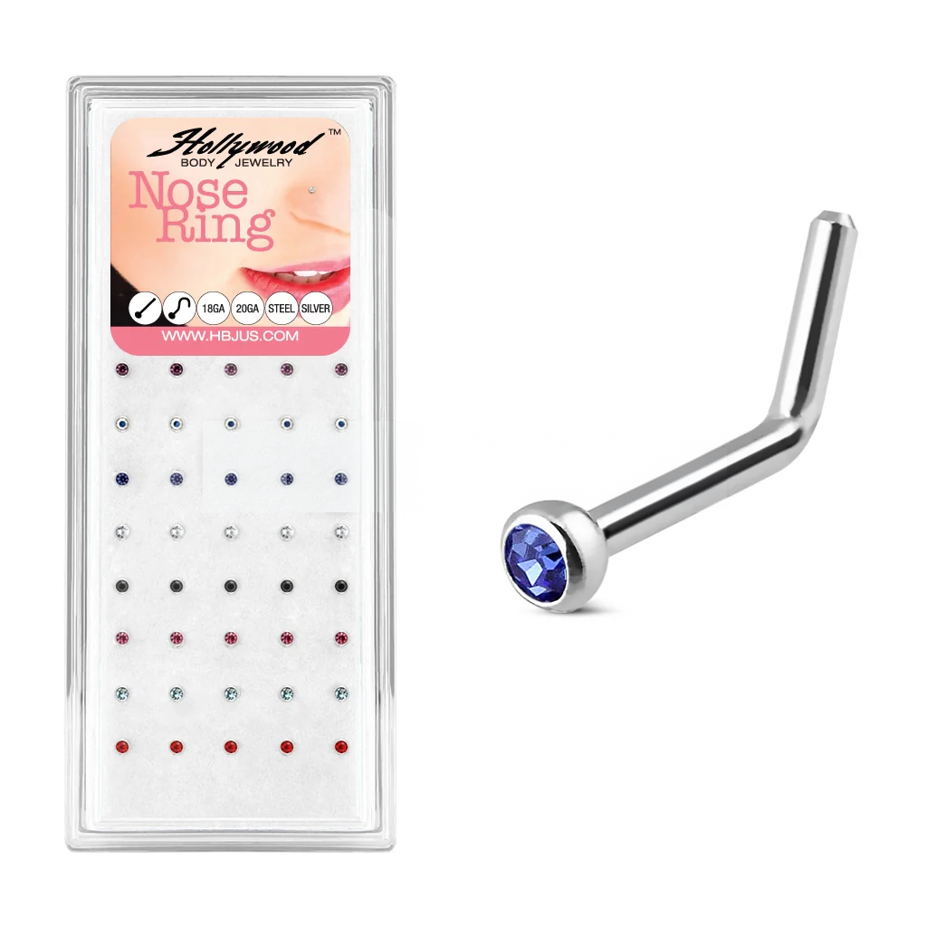 18 Gauge L Bend Press Fit Mixed Color CZ 316L Surgical Steel Nose Bone