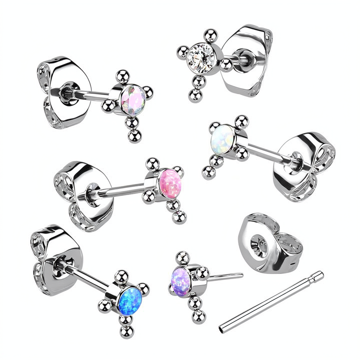 1pc Implant Grade Titanium Threadless Earring Stud With CZ or Opal Center Beaded Ball Cross Top