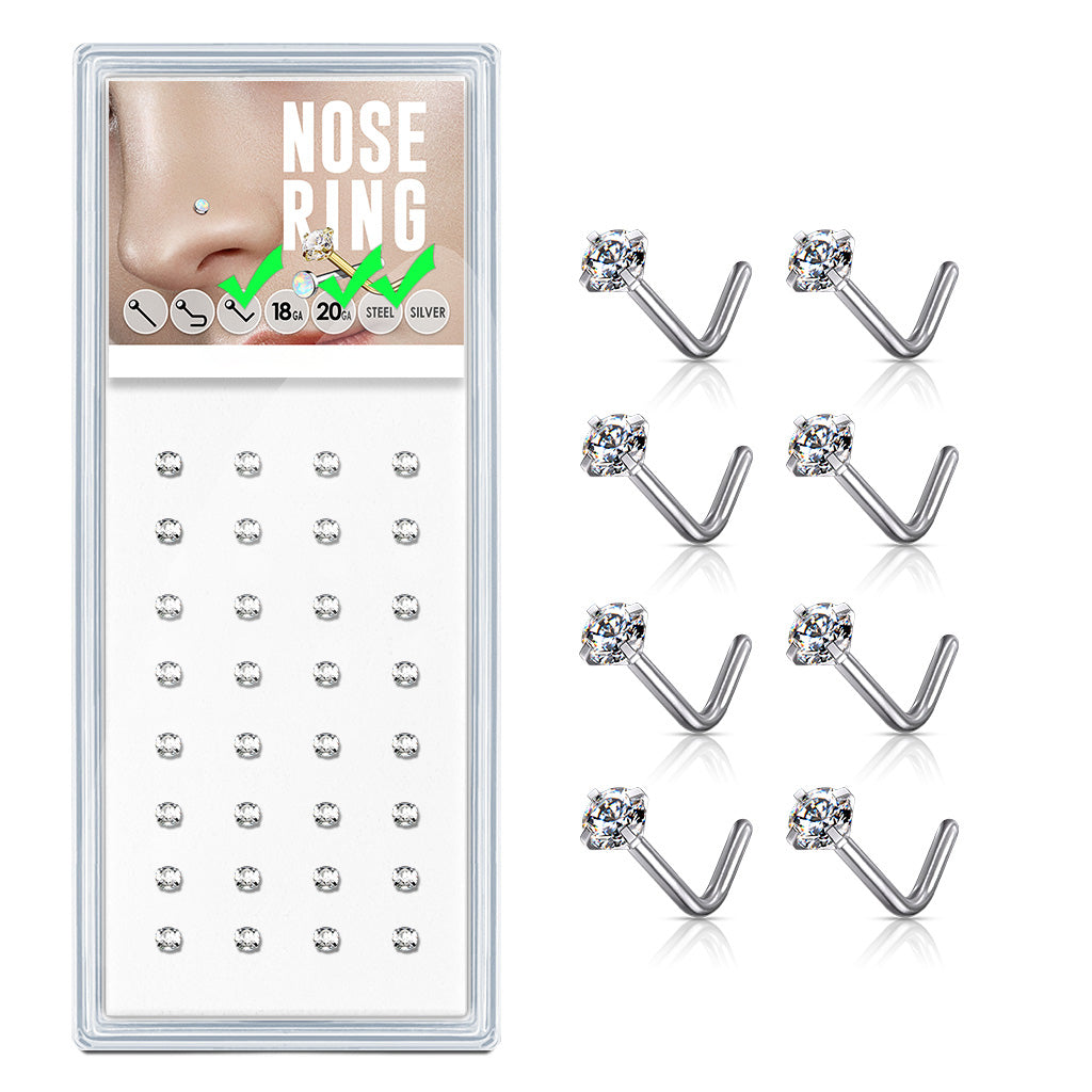 20 Gauge Clear L Bend Prong Set CZ 316L Surgical Steel Nose Bone