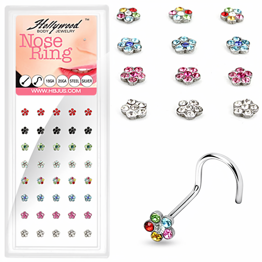 20 Gauge 316L Surgical Steel Mixed Color Multi Gem Paved Flower Nose Screw