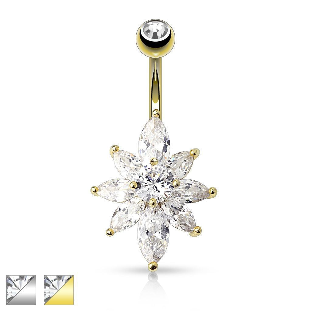 316L Surgical Steel 316L Surgical Steel Marquise CZ Petal Flower Belly...