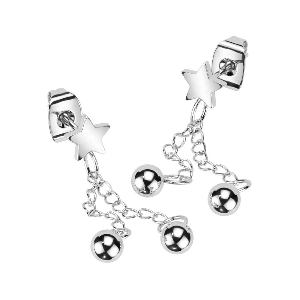316L Surgical Steel Pair of Hand Polished Star With 2 Chain Drop Ball...