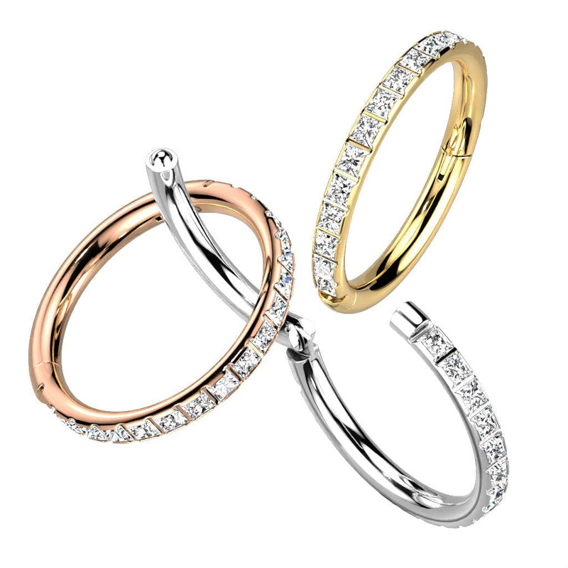 Implant Grade Titanium Hinged Segment Hoop Ring With Pave Outward Facing Square CZs