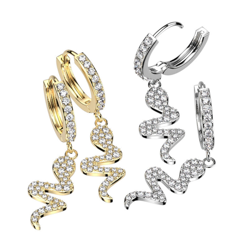 316L Surgical Steel Pair of CZ Paved Front With CZ Paved Snake Dangle...